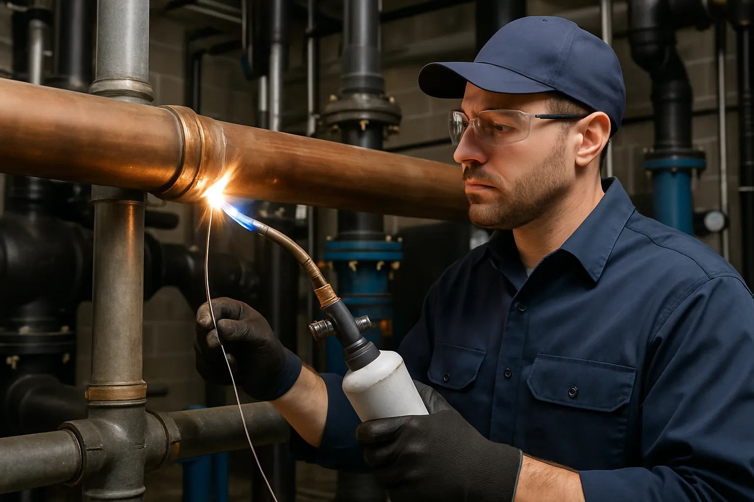 a plumber soldering large-diameter copper pipe on a commercial water riser — commercial plumbing