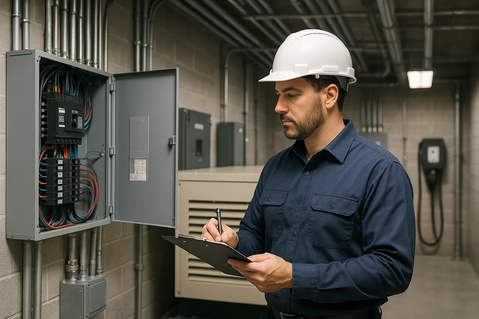 an electrician with a clipboard performing an electrical safety inspection in a mechanical room — commercial electrical