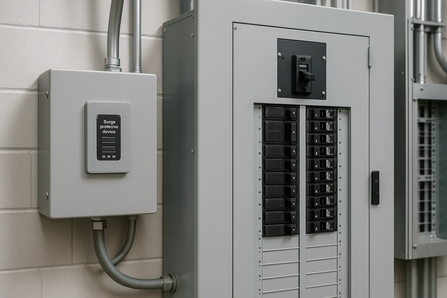 a surge-protection device and transient-voltage panel mounted in a commercial electrical room — commercial electrical