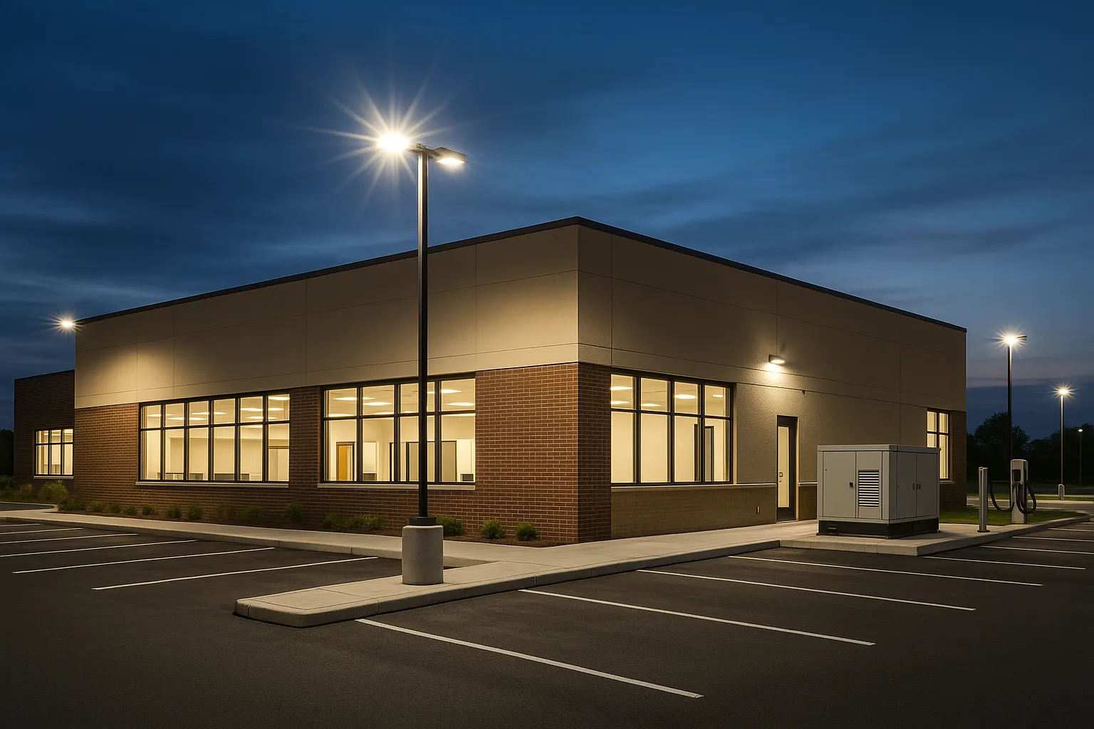 commercial building exterior and parking-lot LED lighting at dusk — commercial electrical