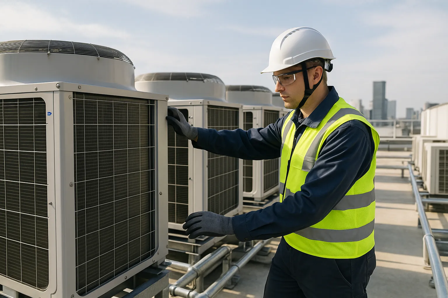 a commercial HVAC service technician in PPE inspecting rooftop condenser units — commercial HVAC