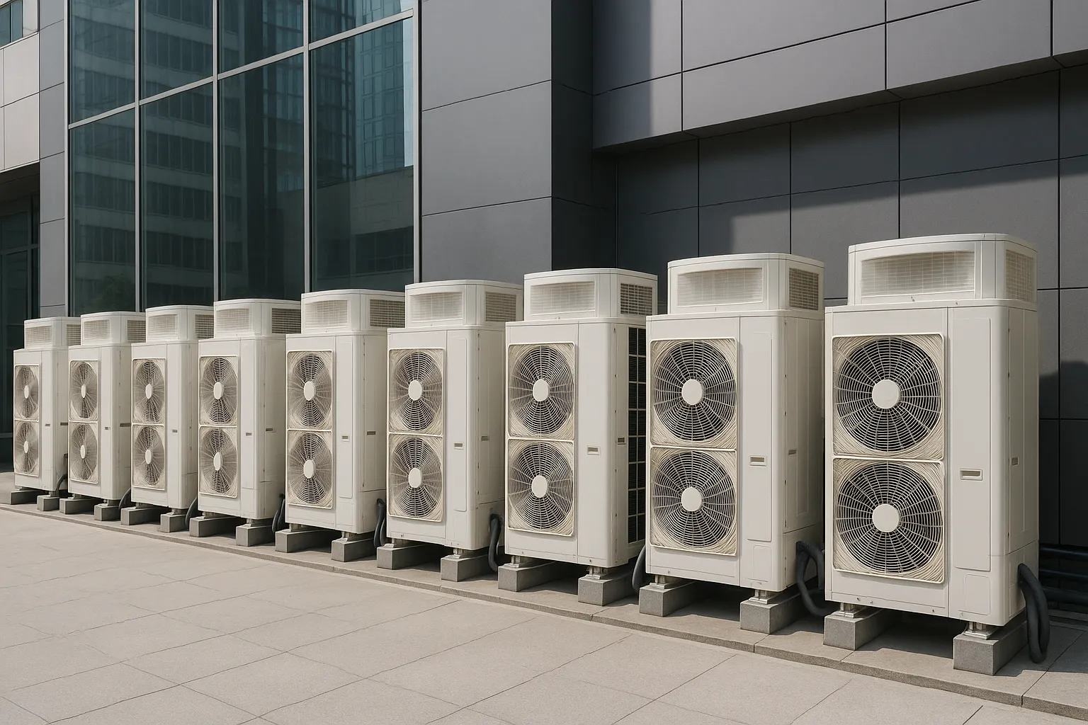 a bank of outdoor VRF/VRV condensing units mounted beside a modern commercial building — commercial HVAC
