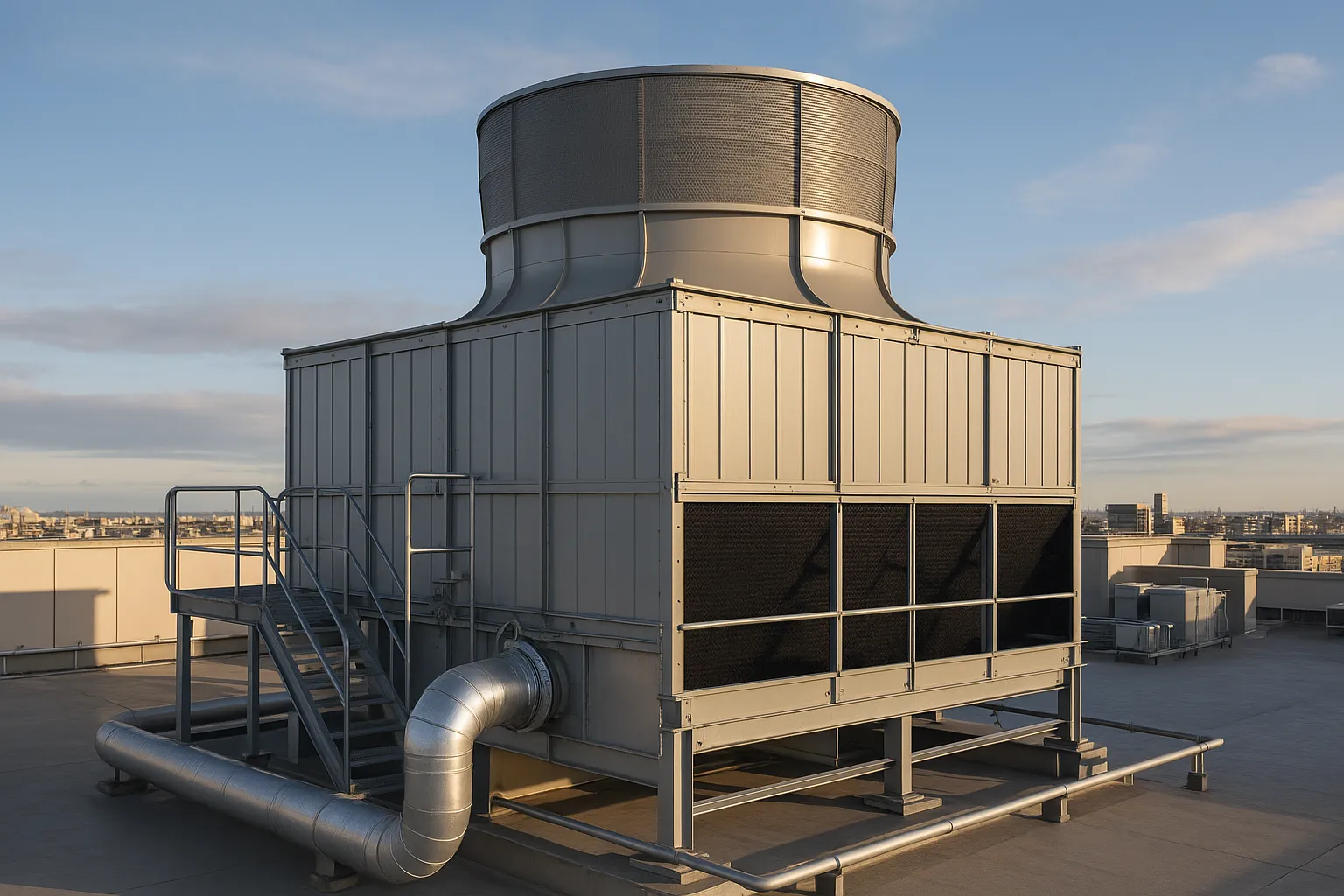 a large rooftop cooling tower at a commercial facility, late afternoon light — commercial HVAC