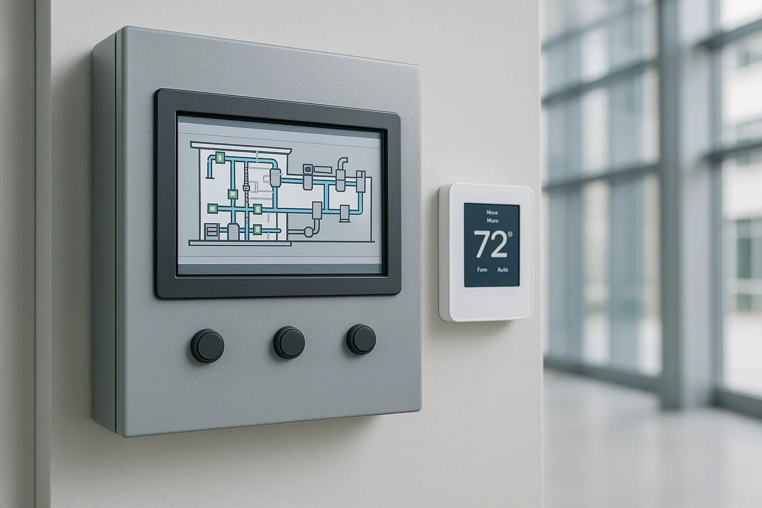 a building automation system control panel and smart HVAC controls in a modern commercial building — commercial HVAC
