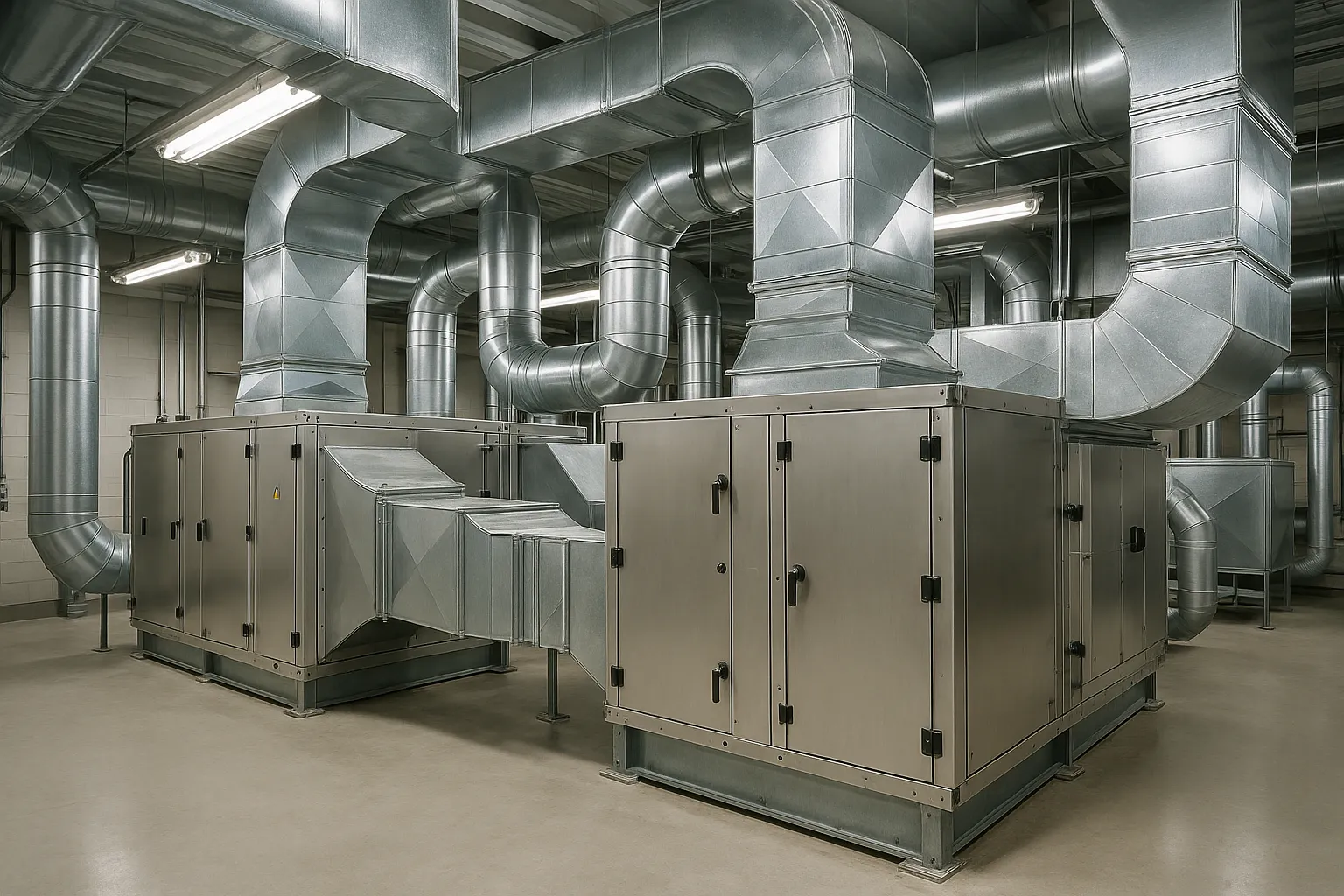 large commercial air handling units and sheet-metal ductwork in a mechanical penthouse — commercial HVAC