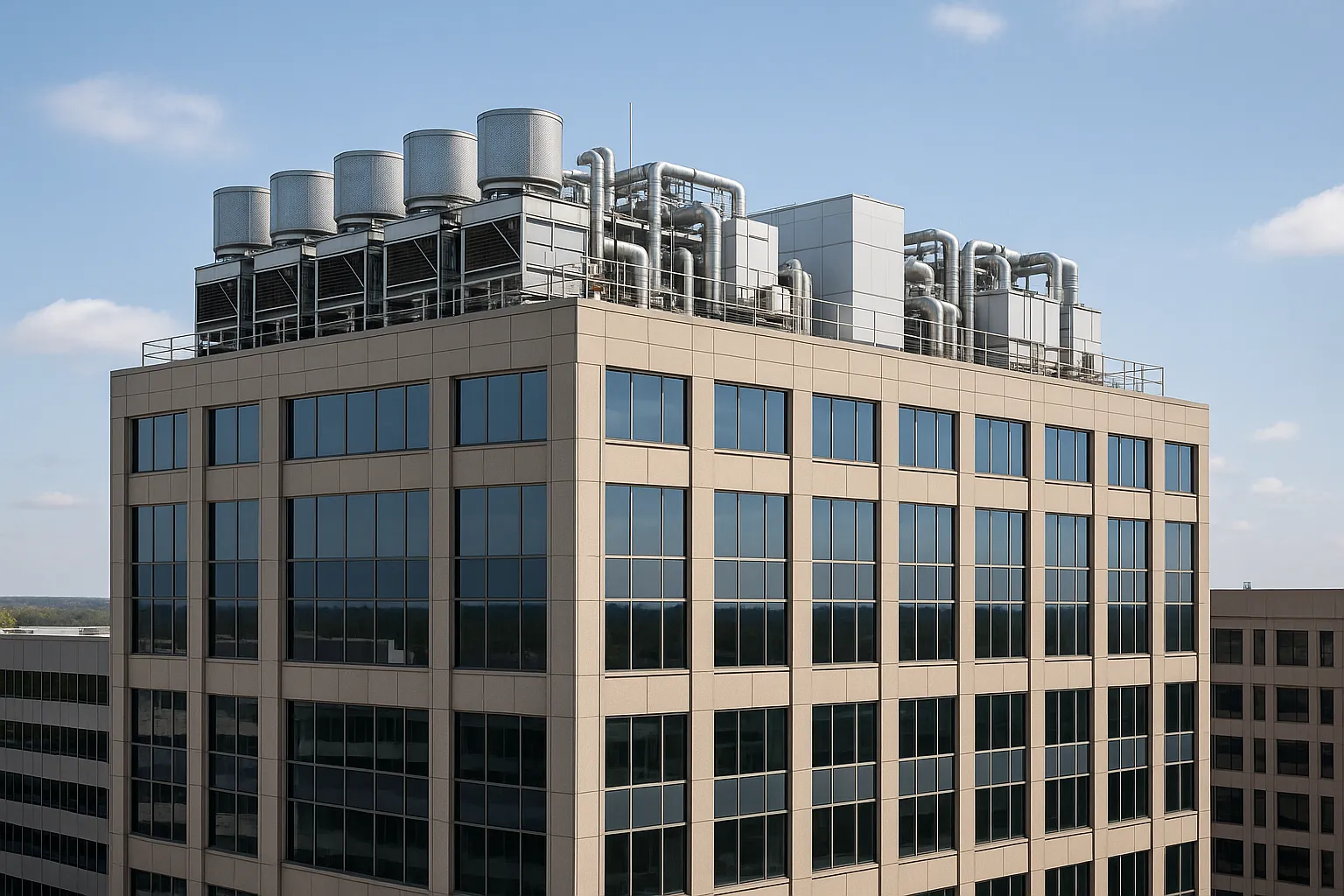 a commercial office tower exterior with visible rooftop HVAC equipment, daytime — commercial HVAC