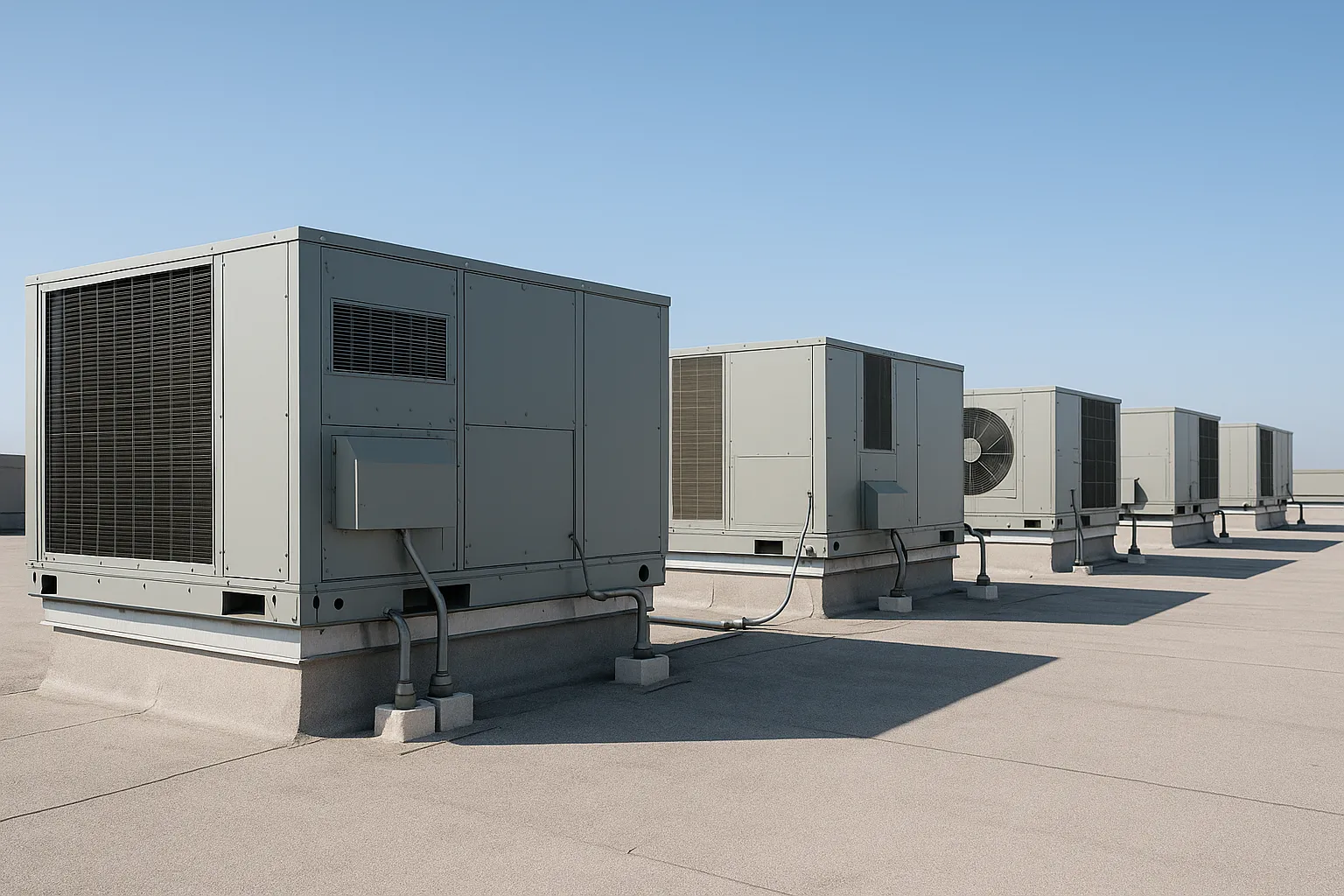 a row of rooftop packaged HVAC units (RTUs) on a flat commercial building roof under a clear sky — commercial HVAC