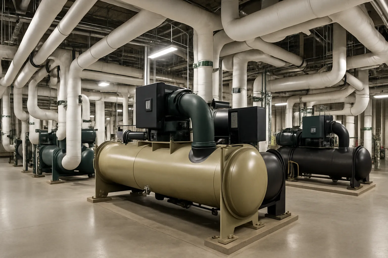 the interior of a commercial mechanical room with large water-cooled chillers and insulated piping — commercial HVAC