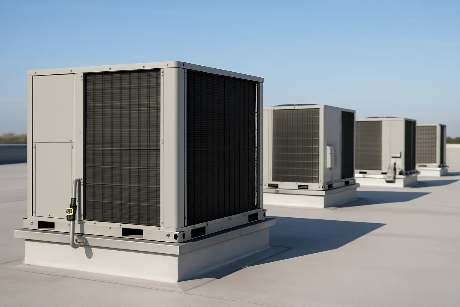 a row of rooftop packaged HVAC units (RTUs) on a flat commercial building roof under a clear sky — commercial HVAC