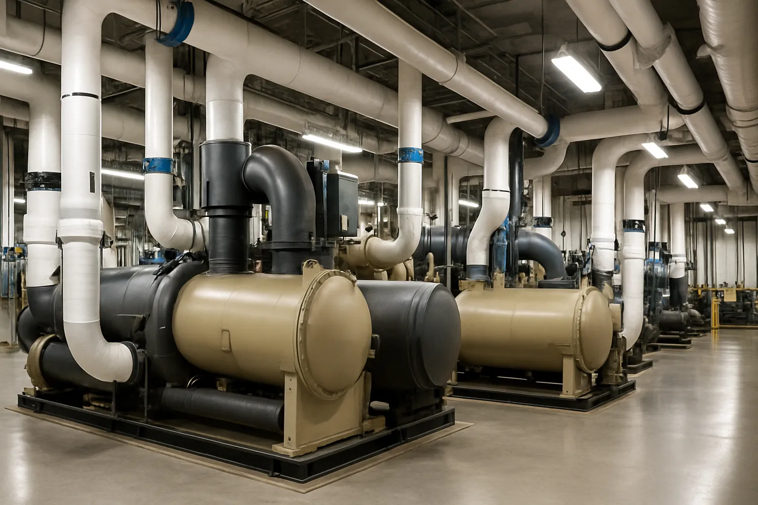 the interior of a commercial mechanical room with large water-cooled chillers and insulated piping — commercial HVAC