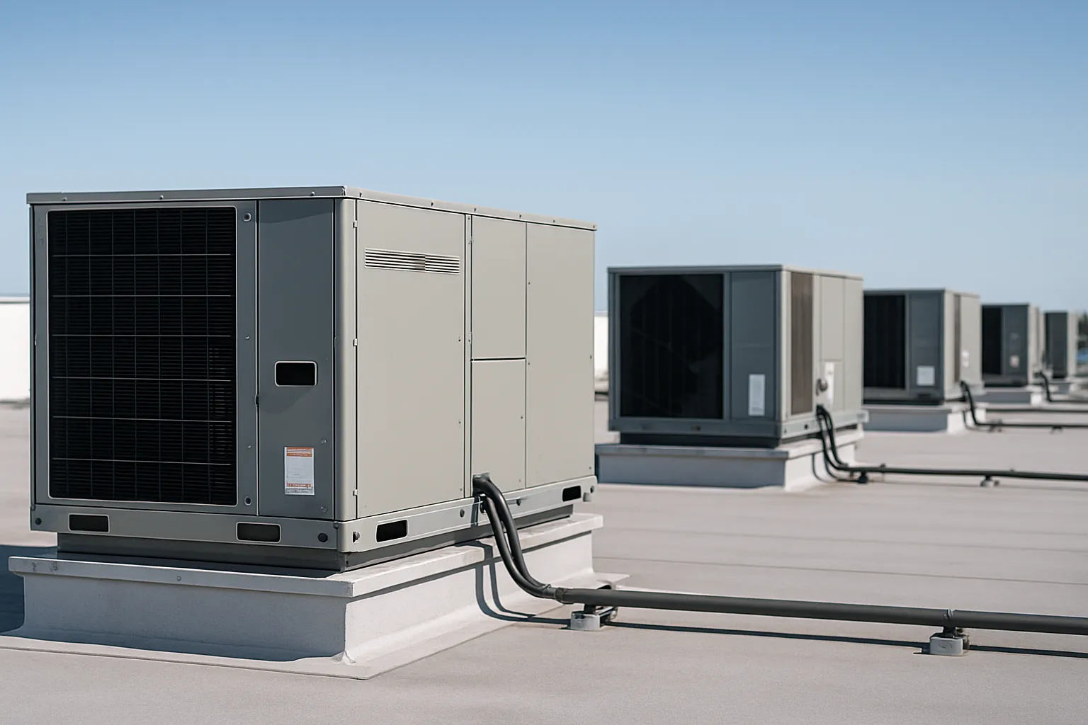 a row of rooftop packaged HVAC units (RTUs) on a flat commercial building roof under a clear sky — commercial HVAC