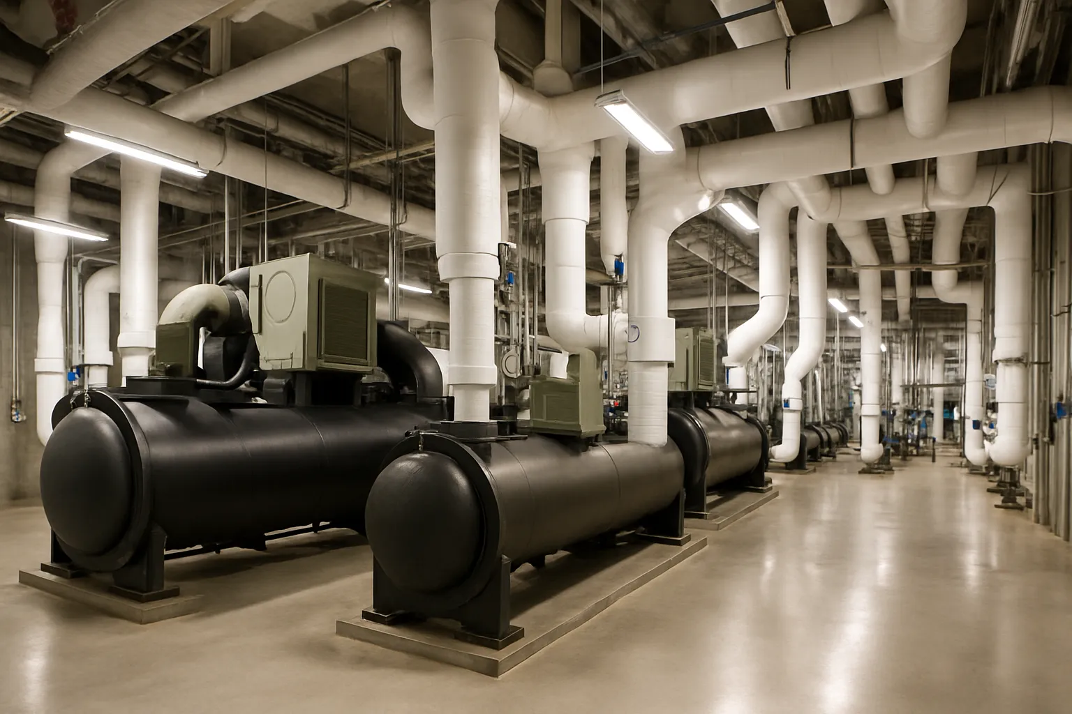 the interior of a commercial mechanical room with large water-cooled chillers and insulated piping — commercial HVAC