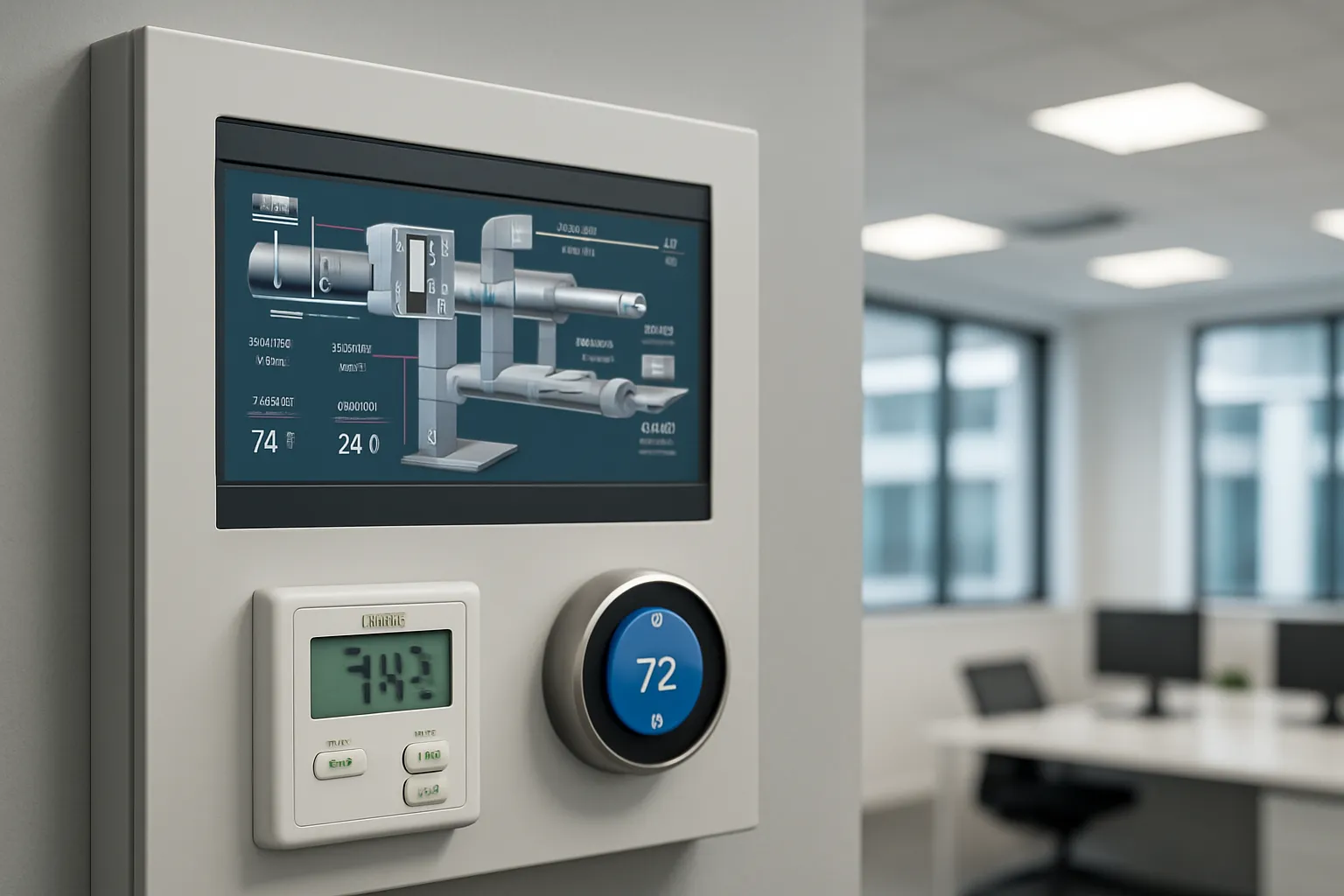 a building automation system control panel and smart HVAC controls in a modern commercial building — commercial HVAC