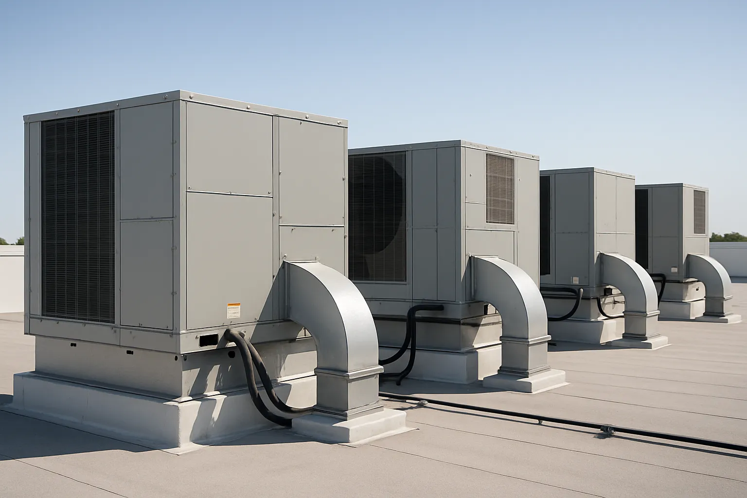 a row of rooftop packaged HVAC units (RTUs) on a flat commercial building roof under a clear sky — commercial HVAC