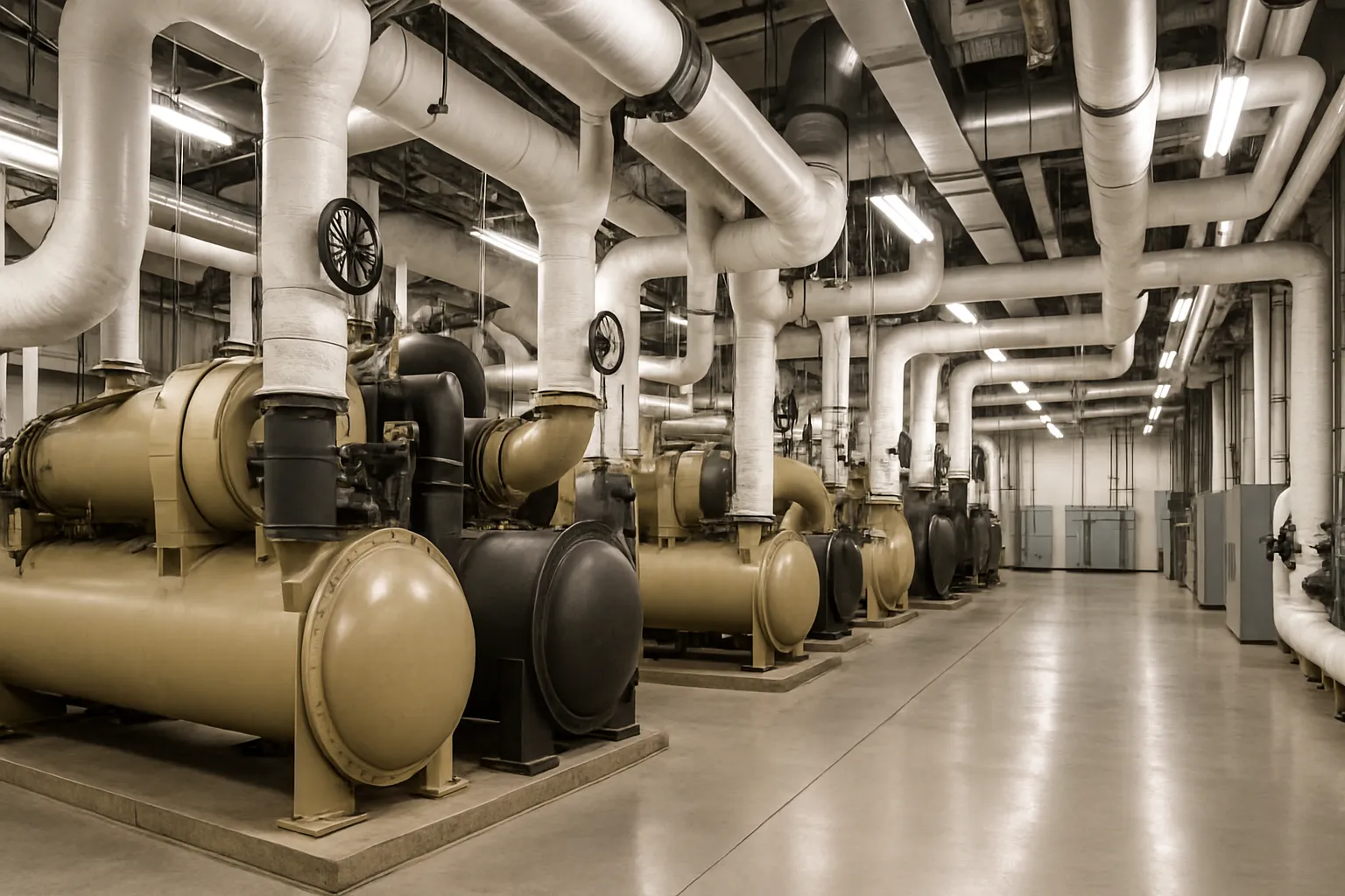 the interior of a commercial mechanical room with large water-cooled chillers and insulated piping — commercial HVAC