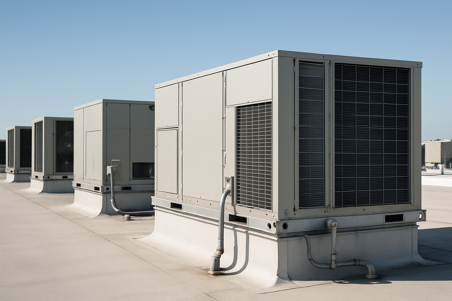 a row of rooftop packaged HVAC units (RTUs) on a flat commercial building roof under a clear sky — commercial HVAC