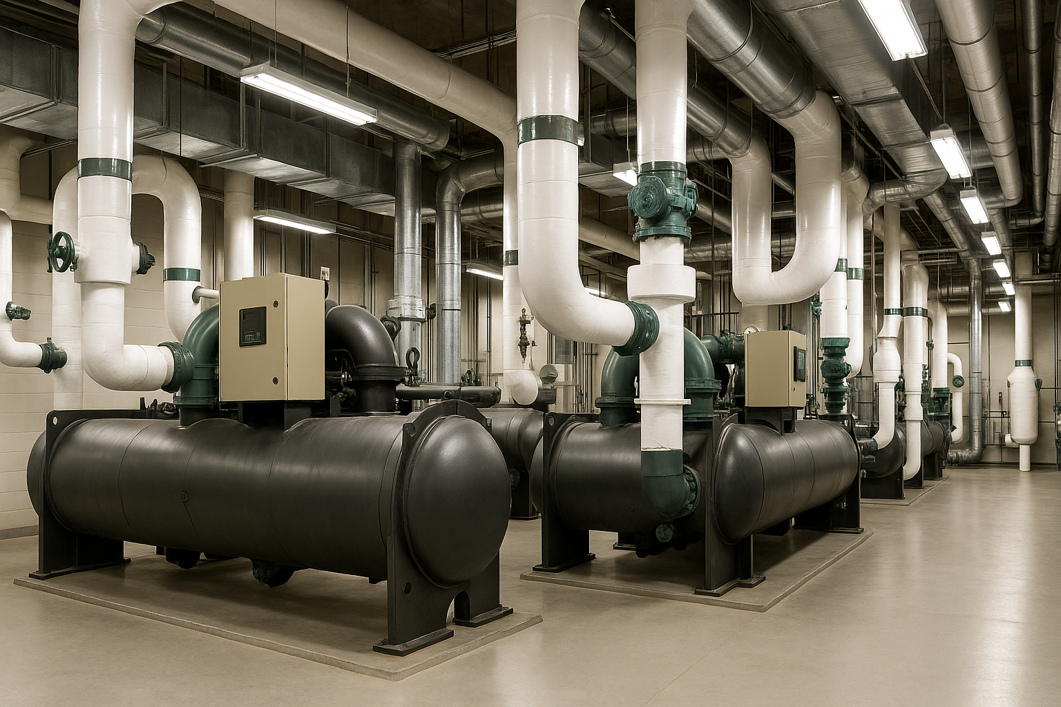 the interior of a commercial mechanical room with large water-cooled chillers and insulated piping — commercial HVAC