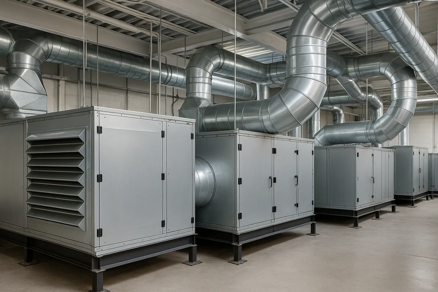 large commercial air handling units and sheet-metal ductwork in a mechanical penthouse — commercial HVAC