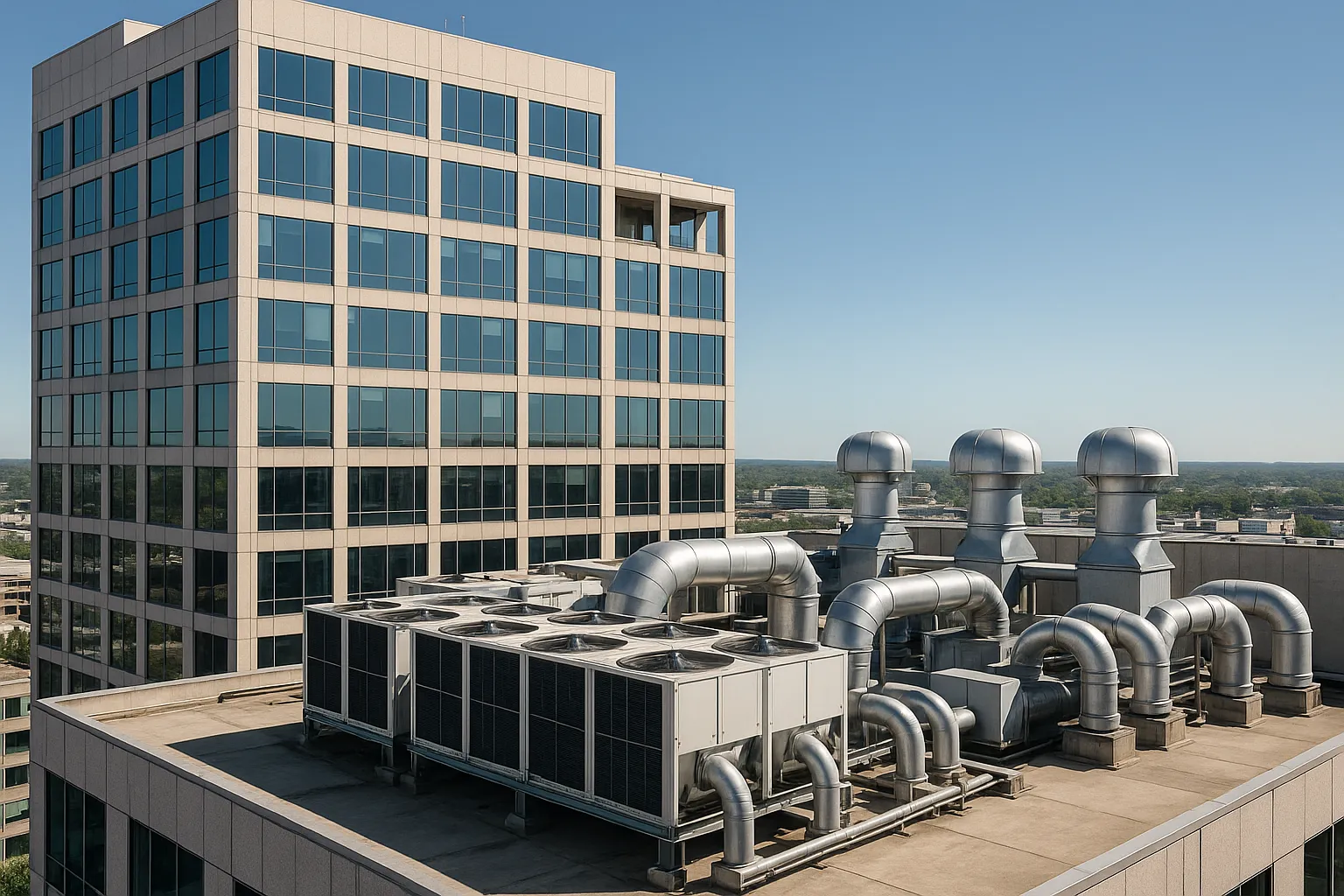 a commercial office tower exterior with visible rooftop HVAC equipment, daytime — commercial HVAC