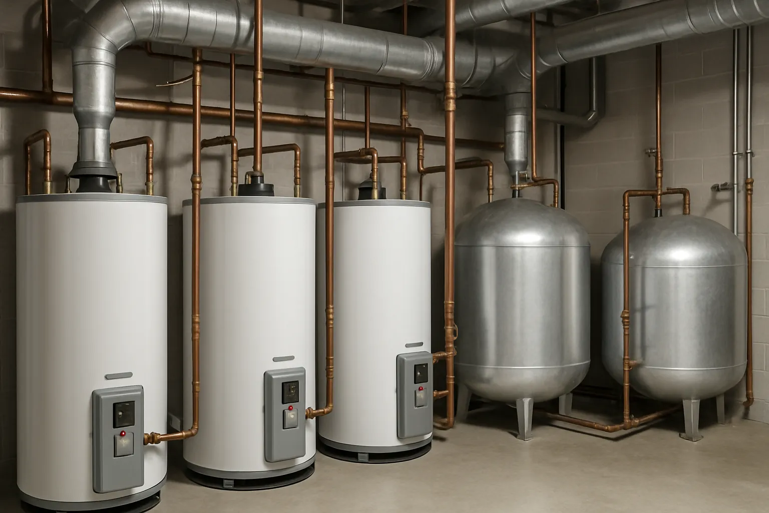 a row of large commercial water heaters and storage tanks in a facility boiler room — commercial plumbing