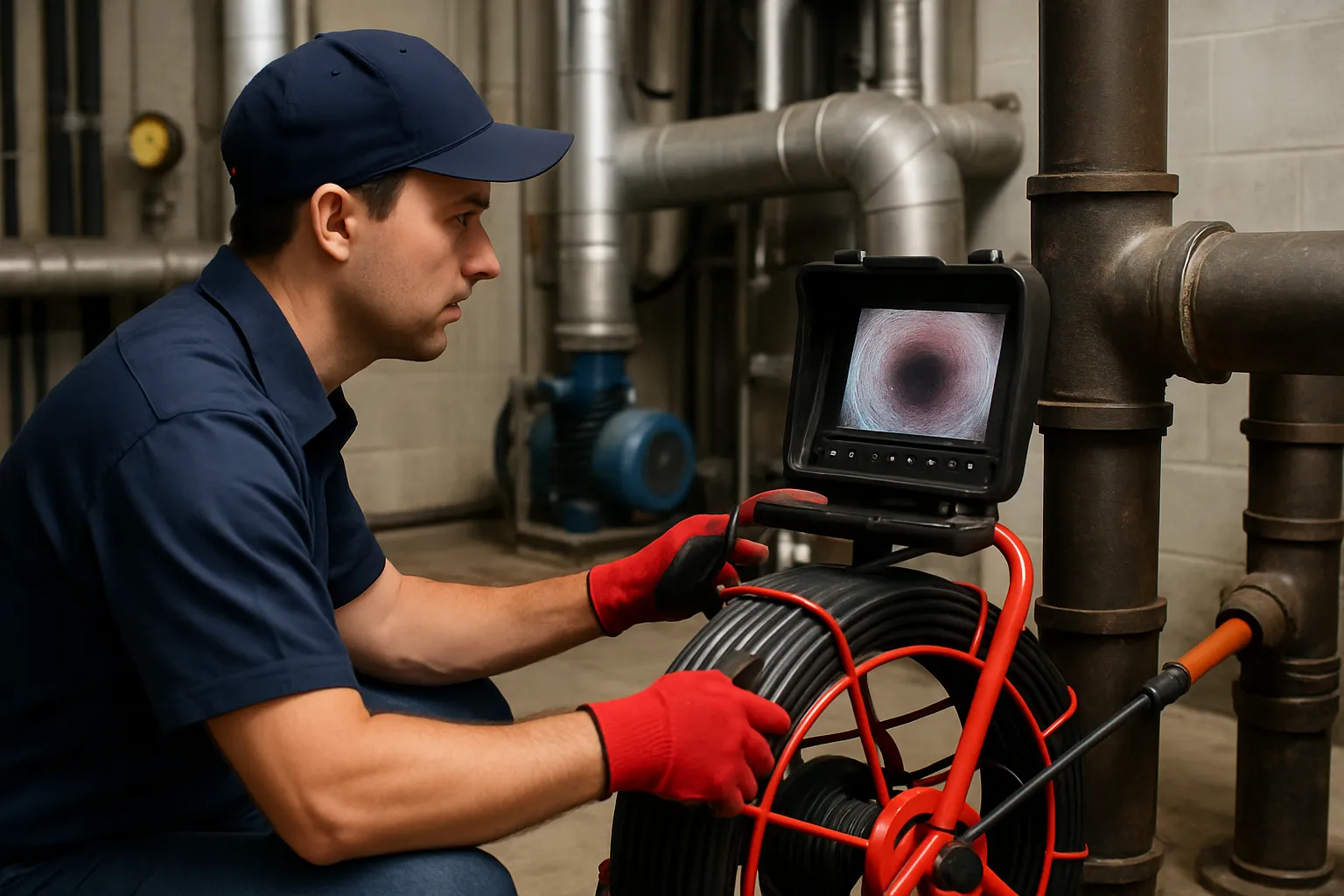 a plumber watching a drain-camera inspection monitor while scoping a commercial sewer pipe — commercial plumbing