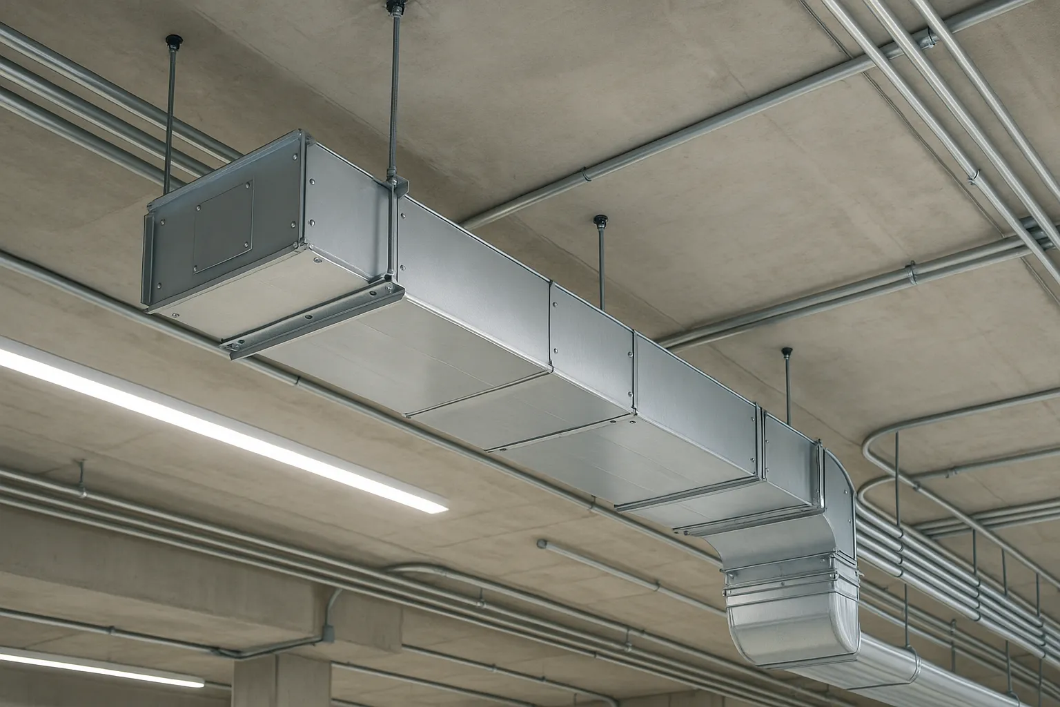 electrical bus duct and conduit running along a commercial building ceiling — commercial electrical
