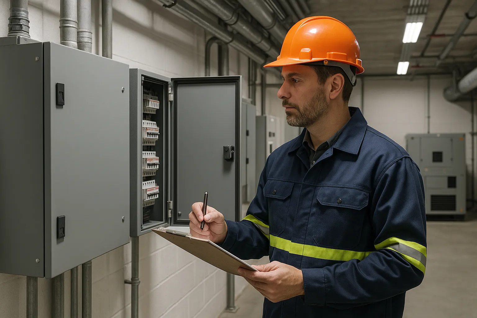 an electrician with a clipboard performing an electrical safety inspection in a mechanical room — commercial electrical