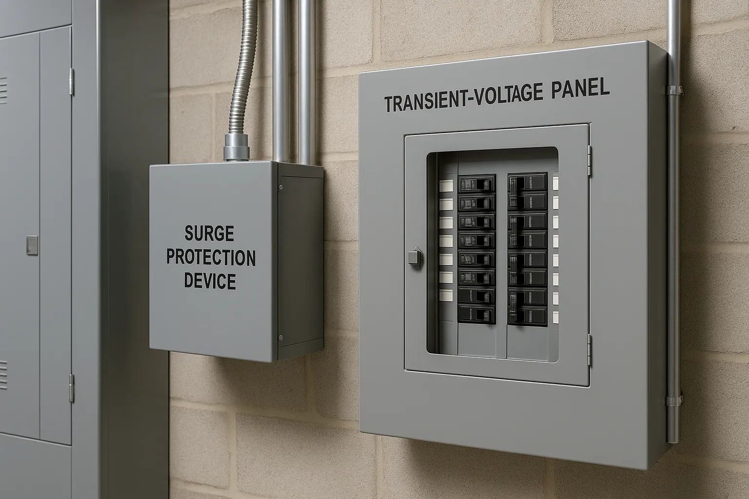 a surge-protection device and transient-voltage panel mounted in a commercial electrical room — commercial electrical
