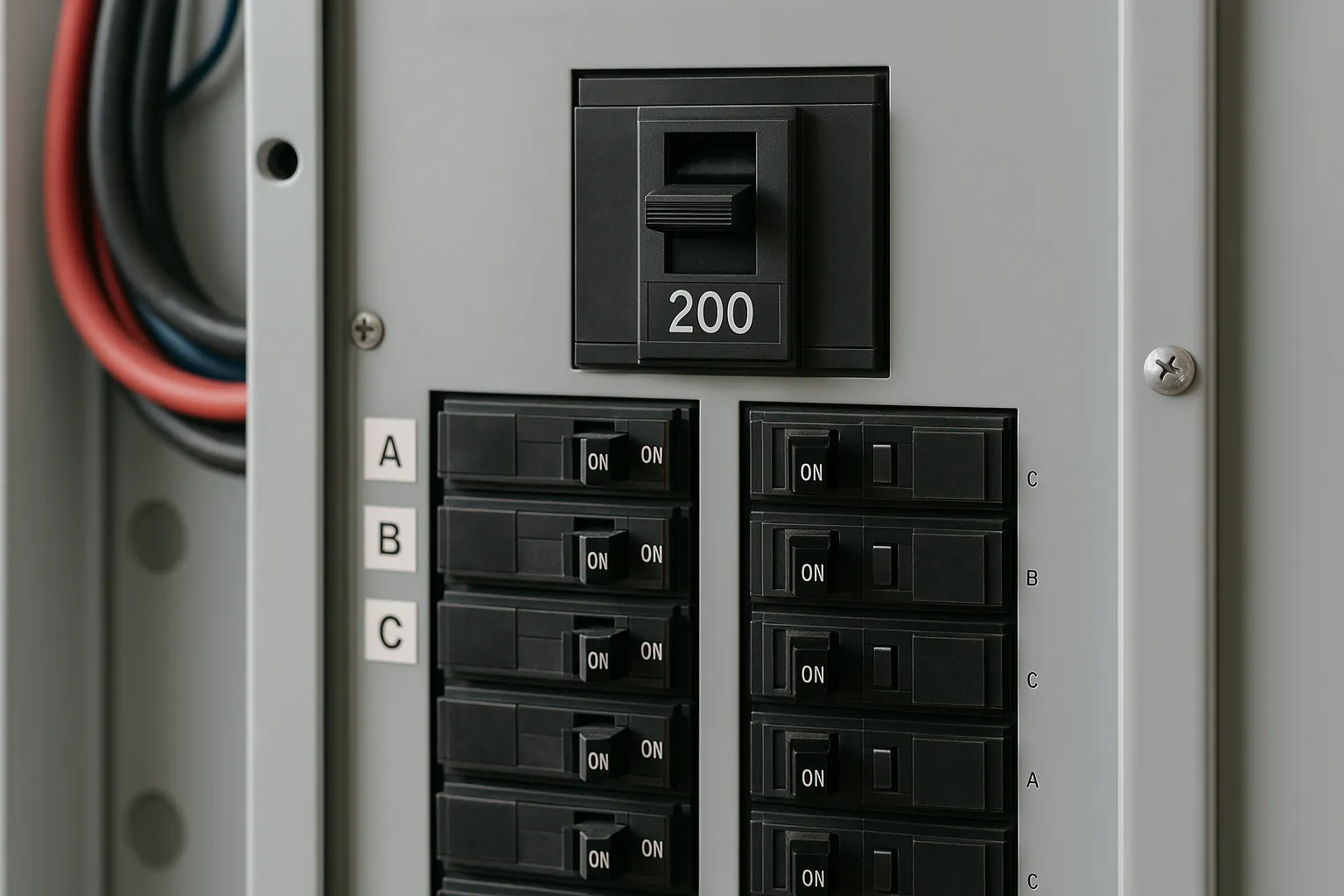 a close-up of a labeled three-phase 200-amp electrical panel with breakers — commercial electrical