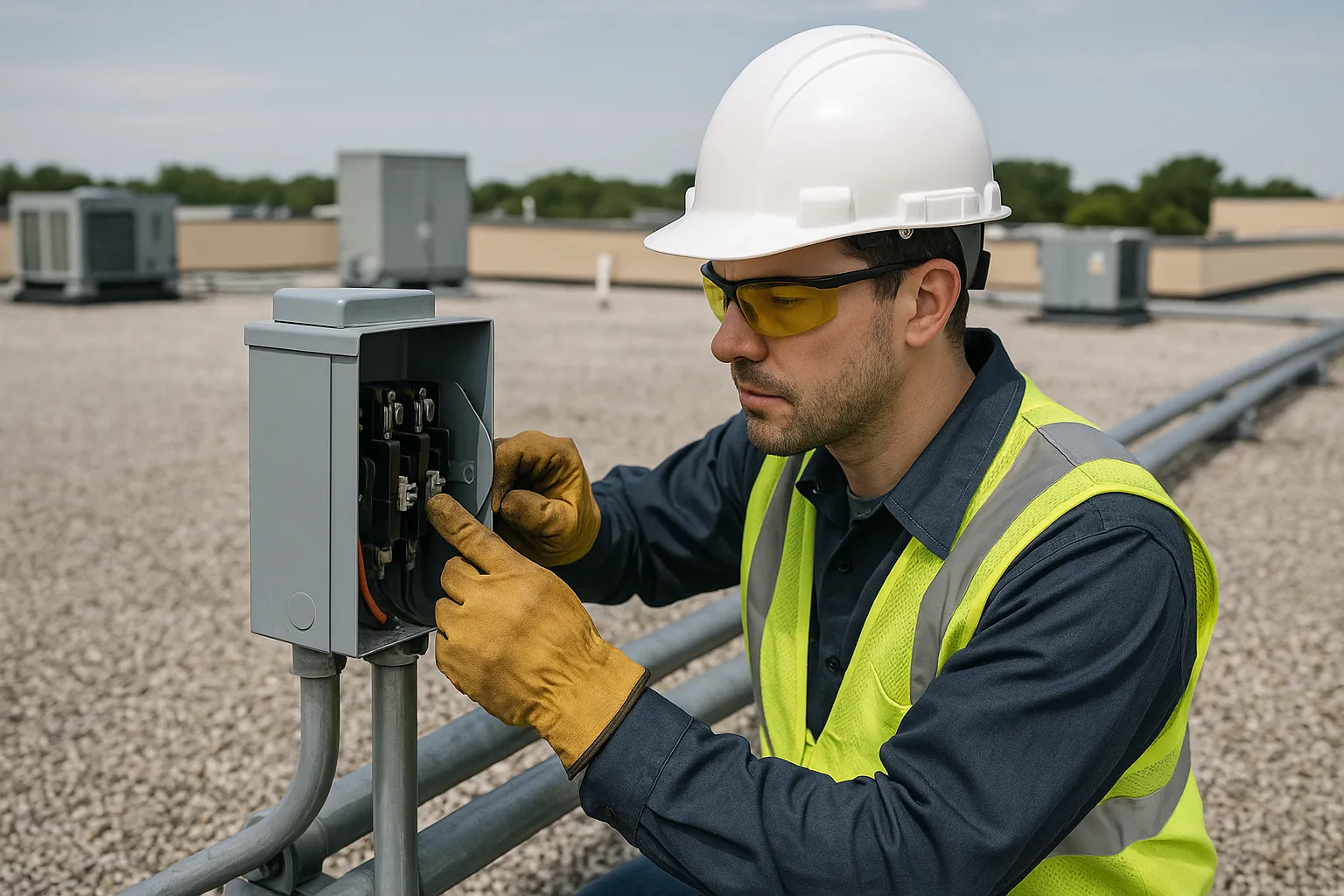 a technician servicing a rooftop electrical disconnect and conduit on a commercial building — commercial electrical
