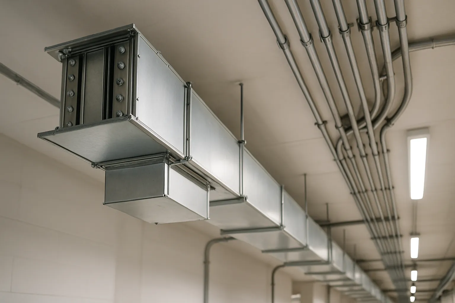 electrical bus duct and conduit running along a commercial building ceiling — commercial electrical