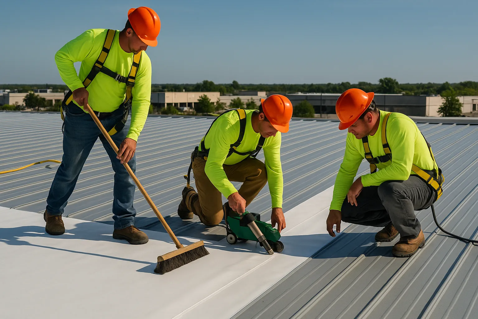 a roofing crew in safety harnesses heat-welding TPO membrane seams on a low-slope commercial roof — commercial roofing
