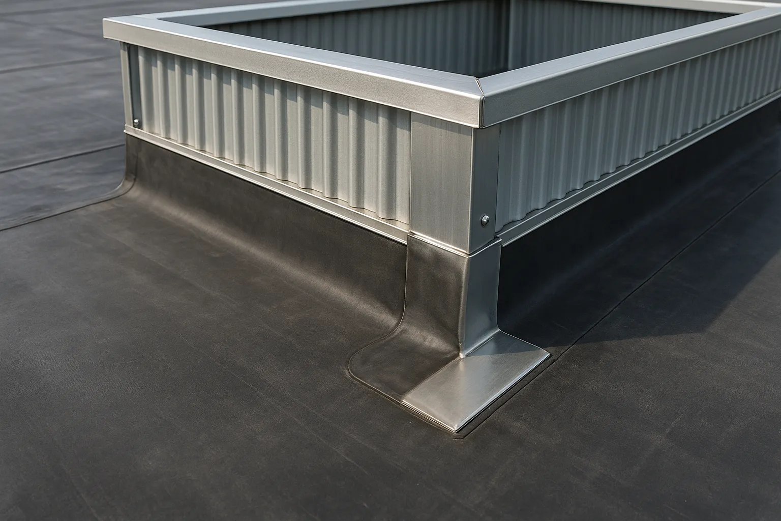 a close-up of EPDM rubber membrane and flashing details around a rooftop curb on a commercial building — commercial roofing