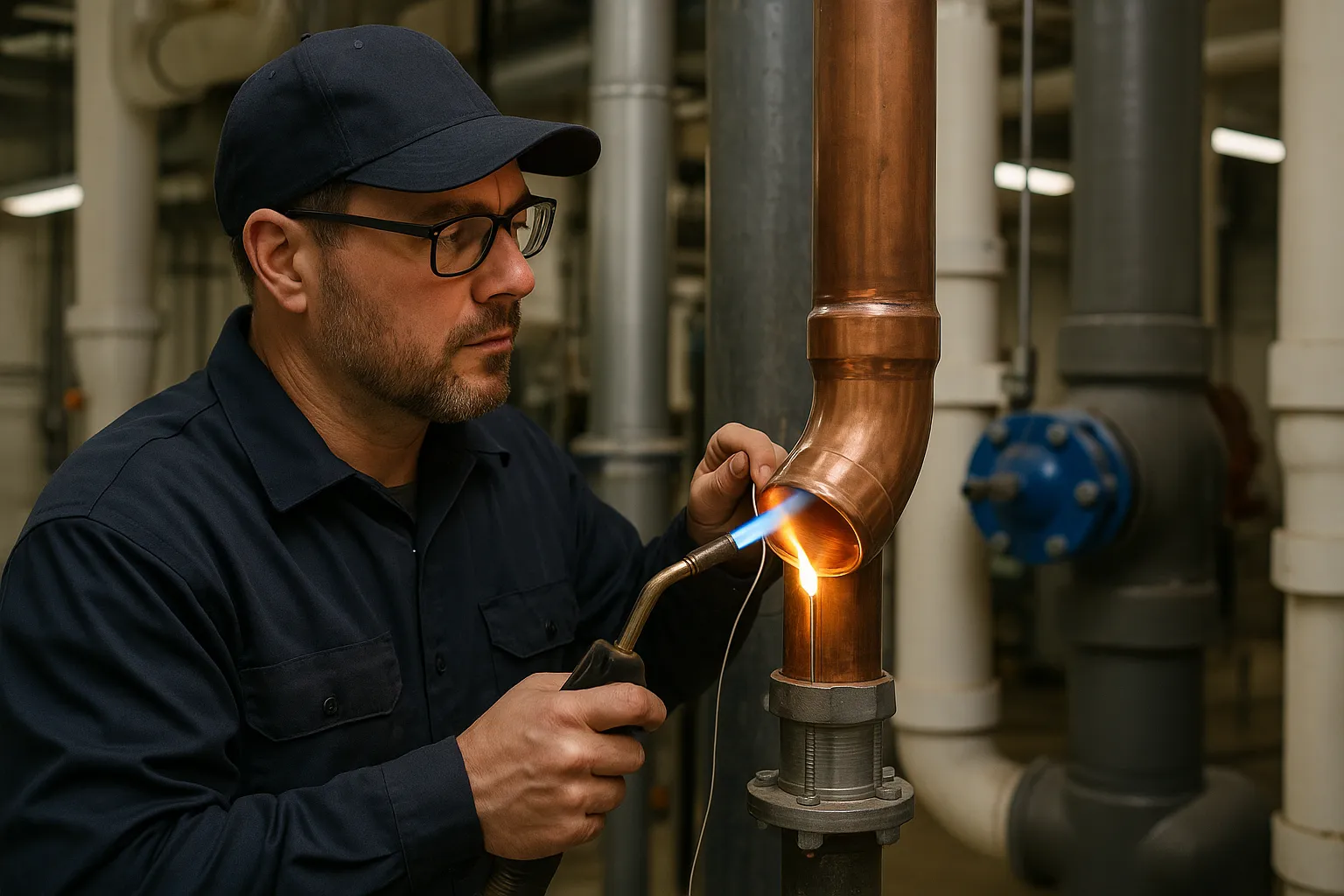 a plumber soldering large-diameter copper pipe on a commercial water riser — commercial plumbing
