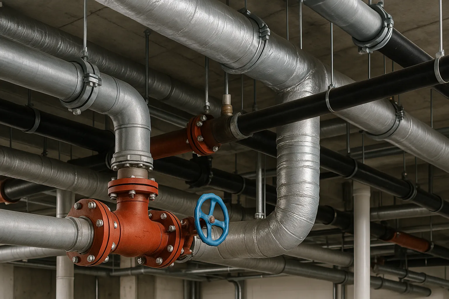 exposed overhead commercial plumbing pipes, valves, and insulation across a building ceiling — commercial plumbing