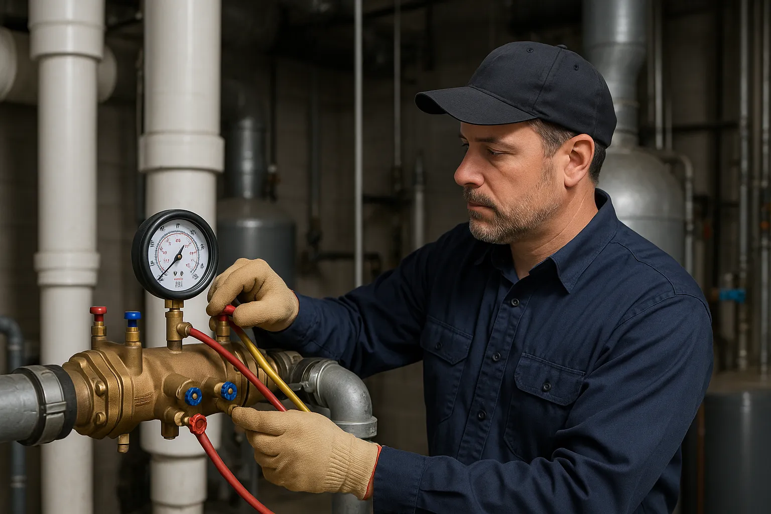 a technician testing a commercial backflow assembly with a pressure gauge kit — commercial plumbing