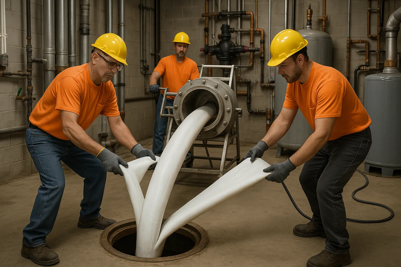 a trenchless pipe-relining crew feeding a cured-in-place liner into a commercial sewer access pit — commercial plumbing