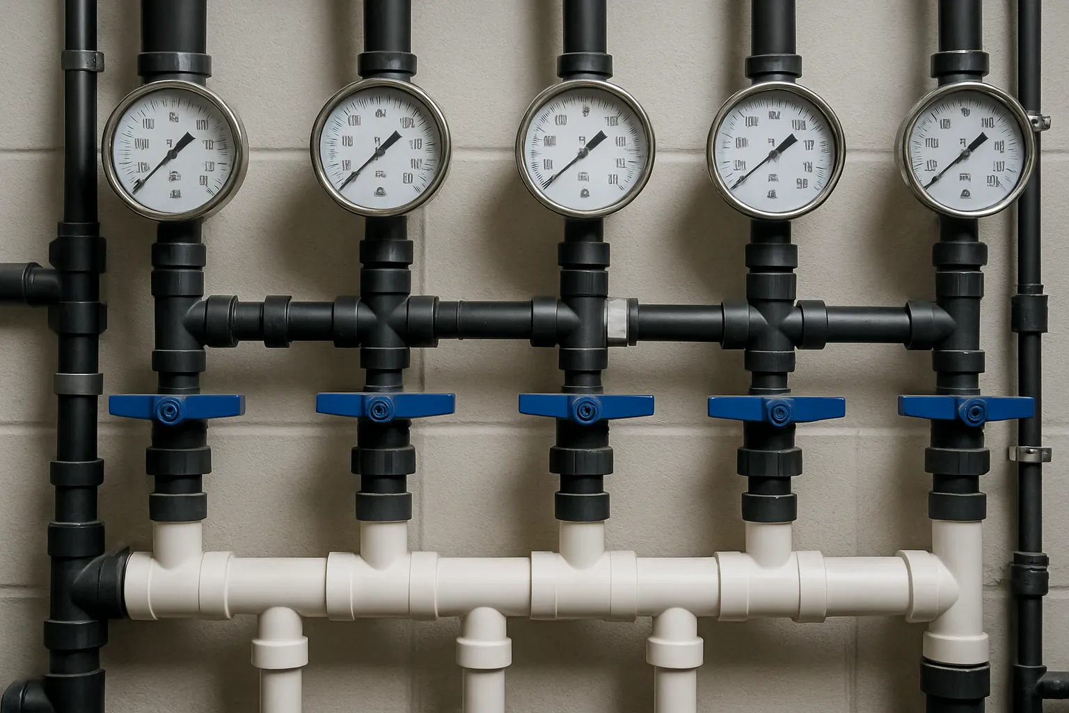 a wall of pressure gauges, shutoff valves, and PVC manifolds in a commercial water treatment room — commercial plumbing