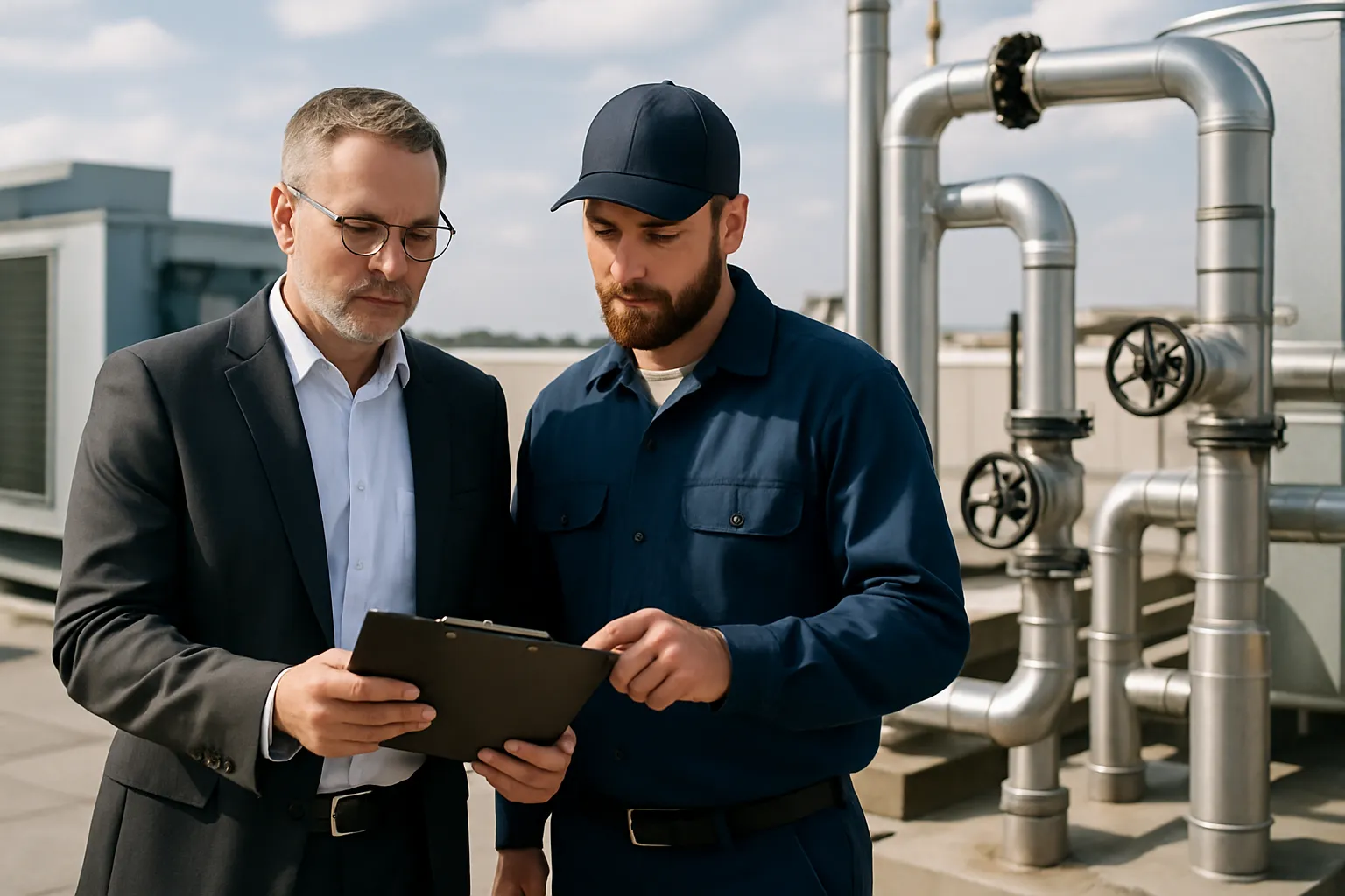 a facility manager and plumber reviewing a clipboard beside rooftop mechanical plumbing equipment — commercial plumbing