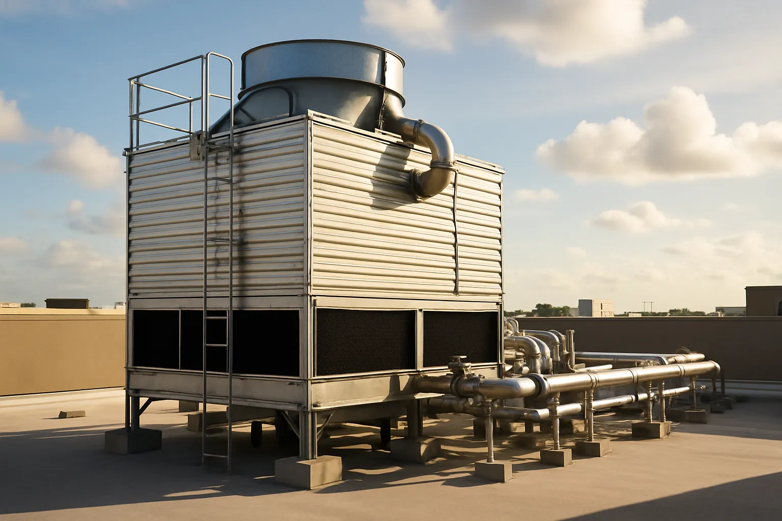 a large rooftop cooling tower at a commercial facility, late afternoon light — commercial HVAC