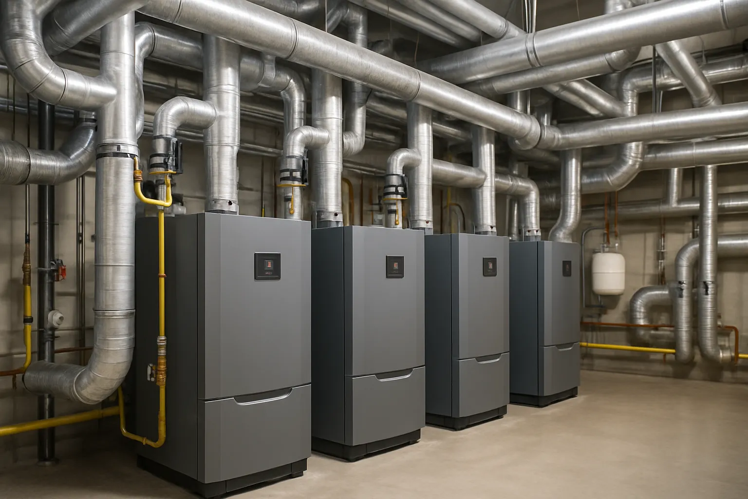 a commercial boiler room with industrial gas boilers and insulated piping — commercial HVAC