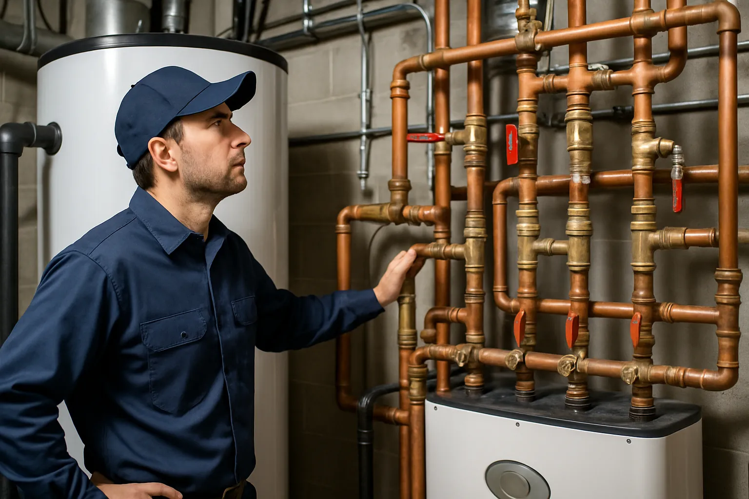 a commercial plumber in uniform inspecting a large boiler and copper supply manifold in a building mechanical room — commercial plumbing