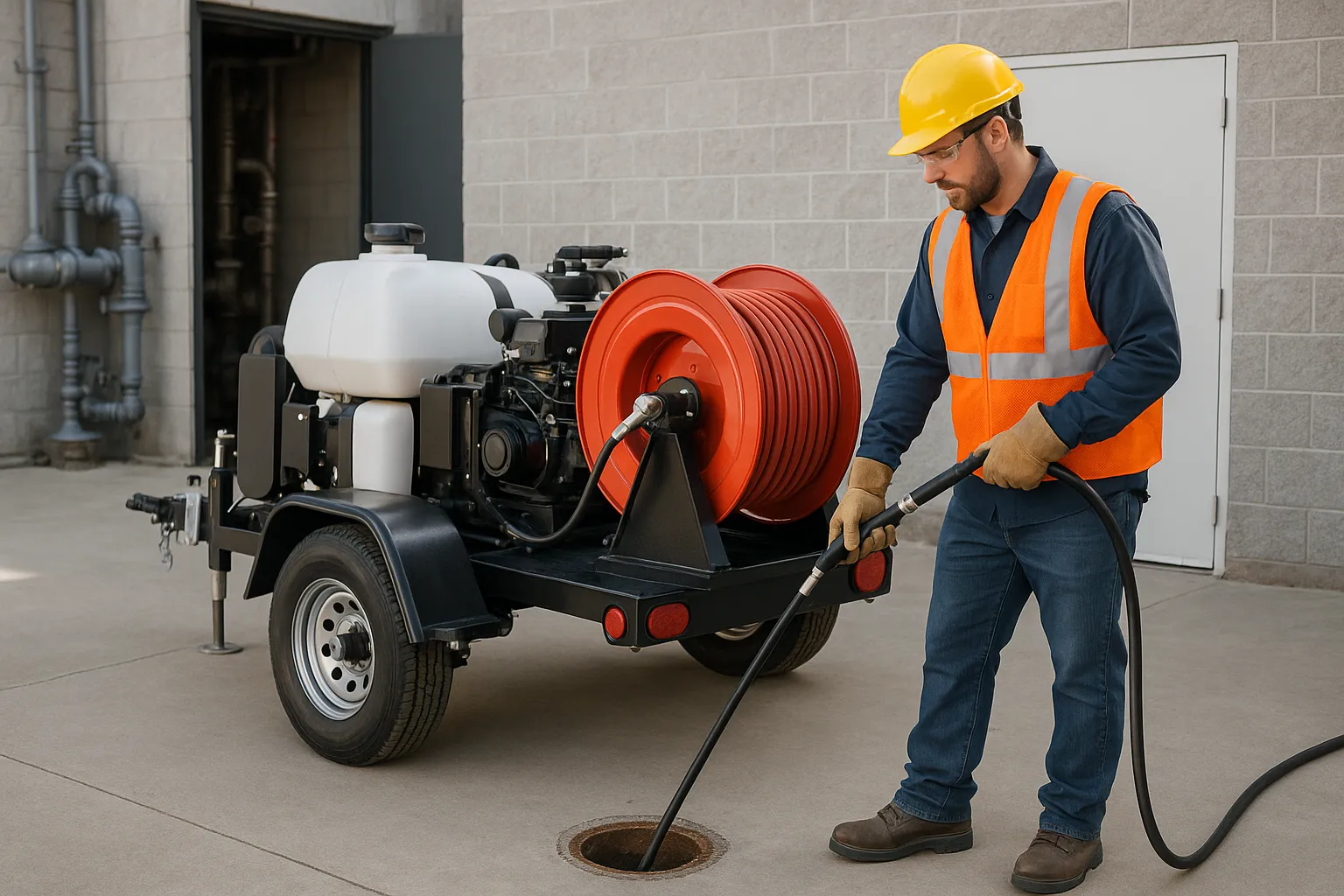a technician operating a trailer-mounted hydro jetting machine to clean a commercial sewer line — commercial plumbing