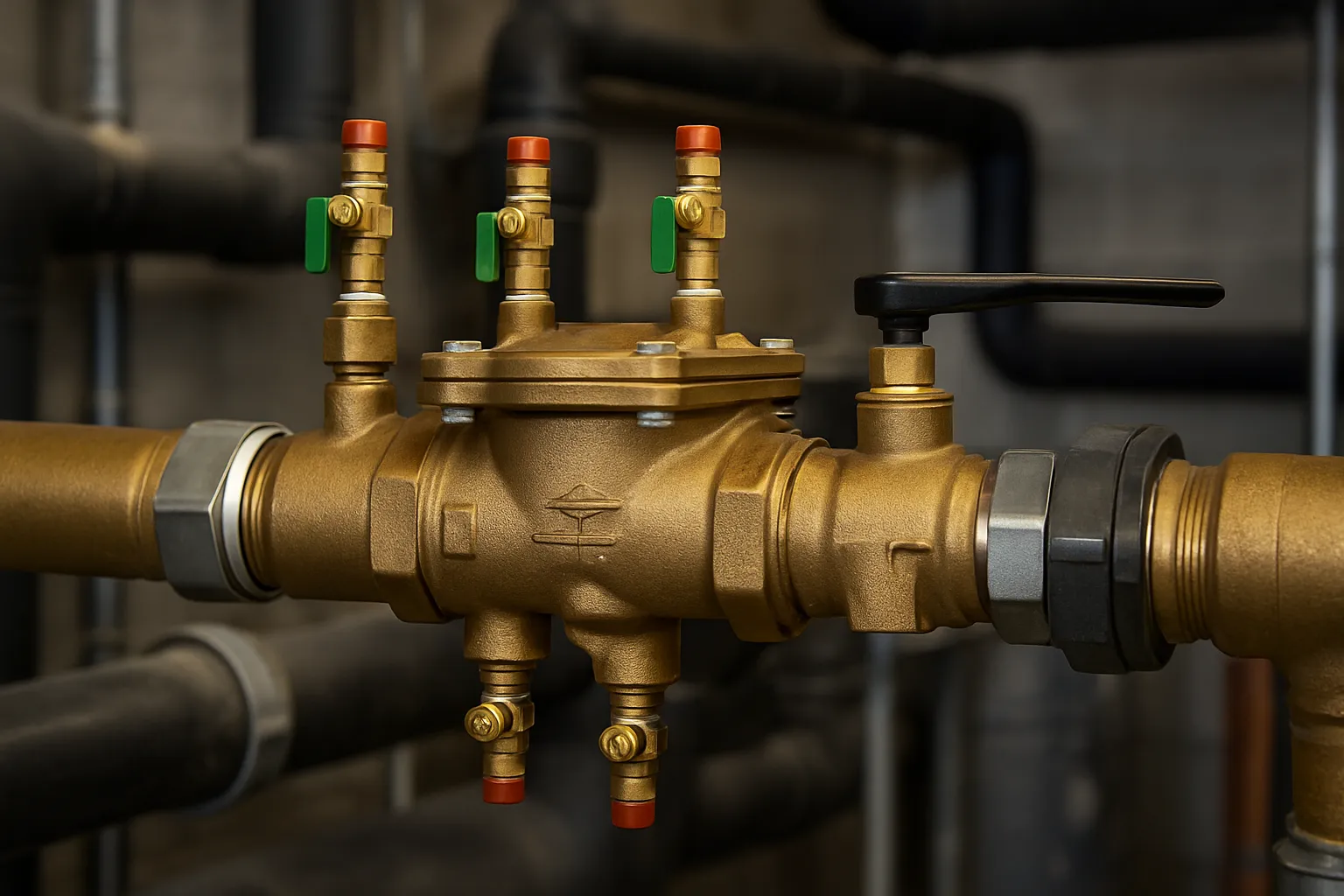 a close-up of a brass backflow prevention assembly with test cocks on a commercial water supply line — commercial plumbing