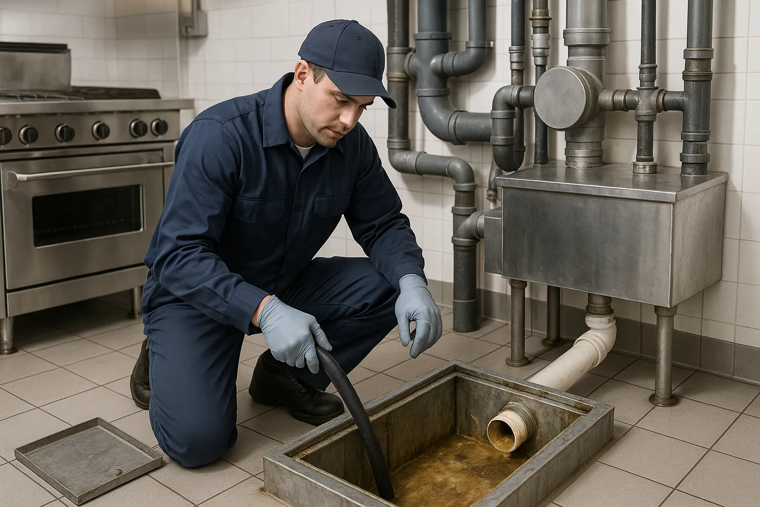 a uniformed technician servicing a commercial kitchen grease interceptor — commercial plumbing