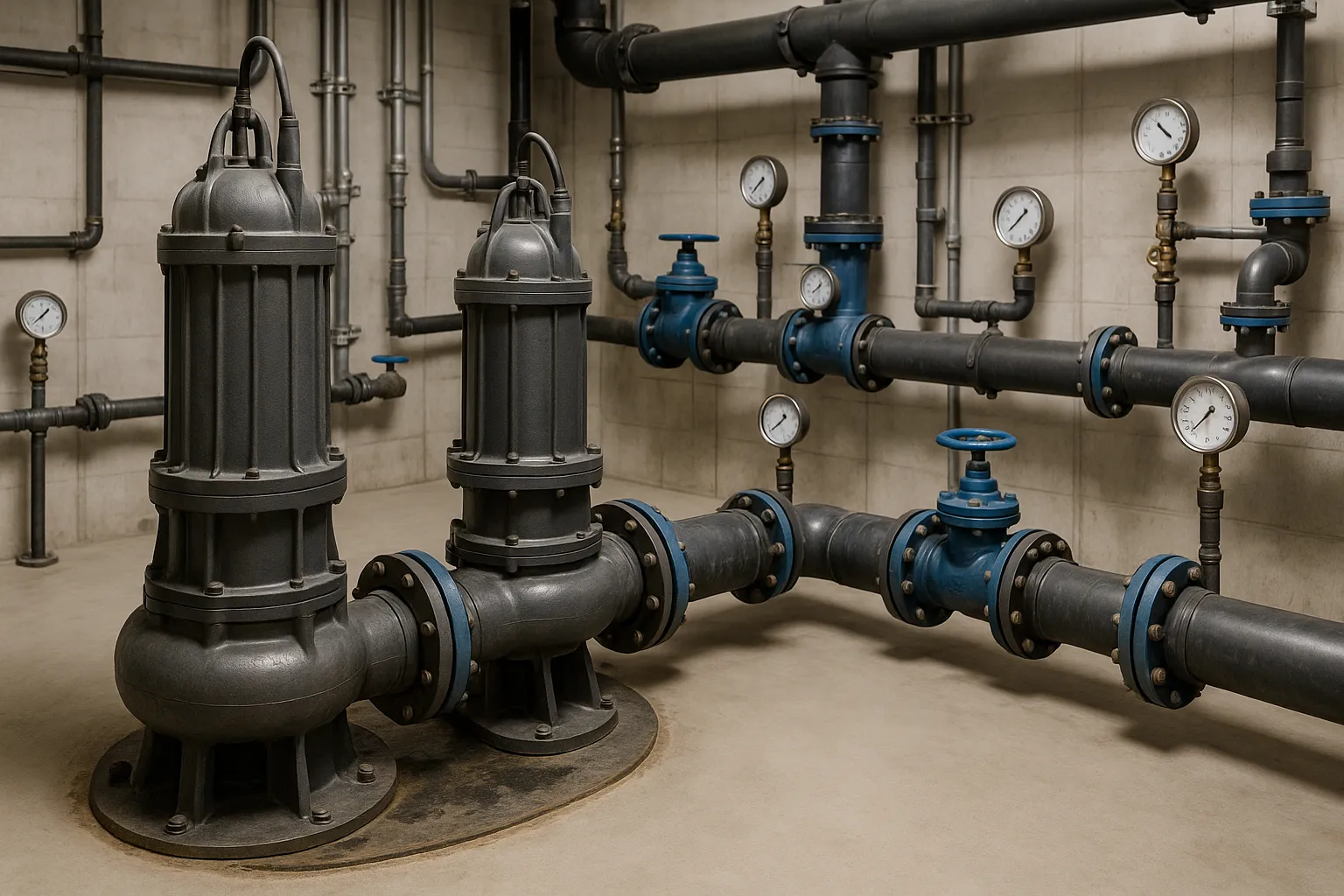 an industrial sewage lift station with pumps, valves, and pressure gauges in a utility room — commercial plumbing