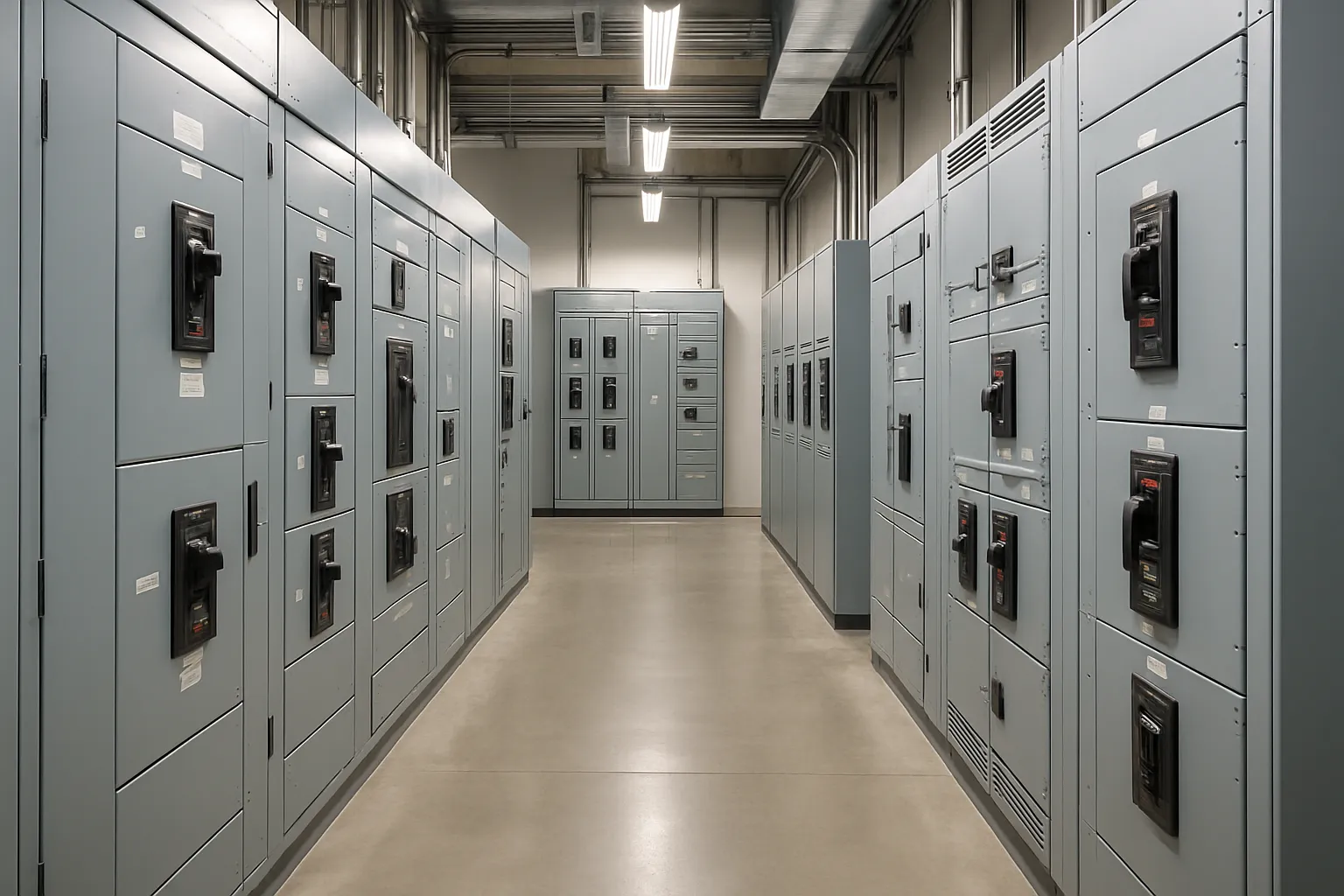 rows of electrical switchgear and distribution panels in a commercial building power room — commercial electrical
