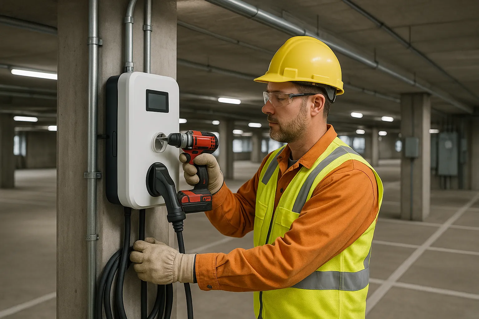 an electrician installing a commercial EV charging station in a parking structure — commercial electrical