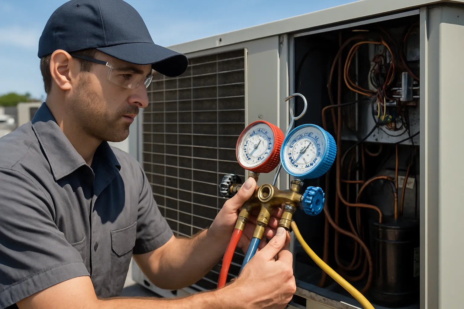 a technician using refrigerant gauges to service a commercial rooftop unit — commercial HVAC