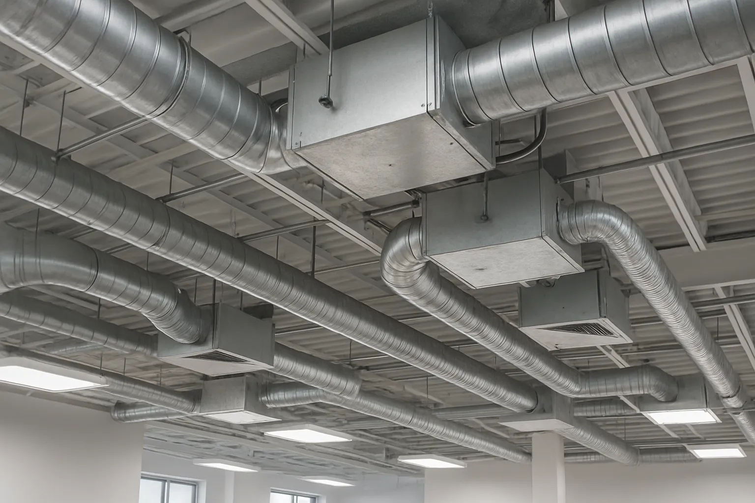 ceiling-mounted ductwork and VAV boxes above an open commercial office ceiling — commercial HVAC